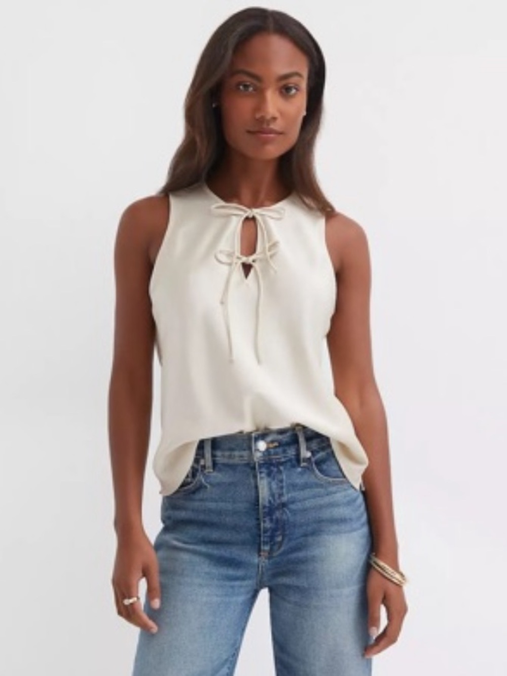 Ann Taylor Loft Size Medium Petite Satin Bow Sleeveless Tank Top Ivory Neutral